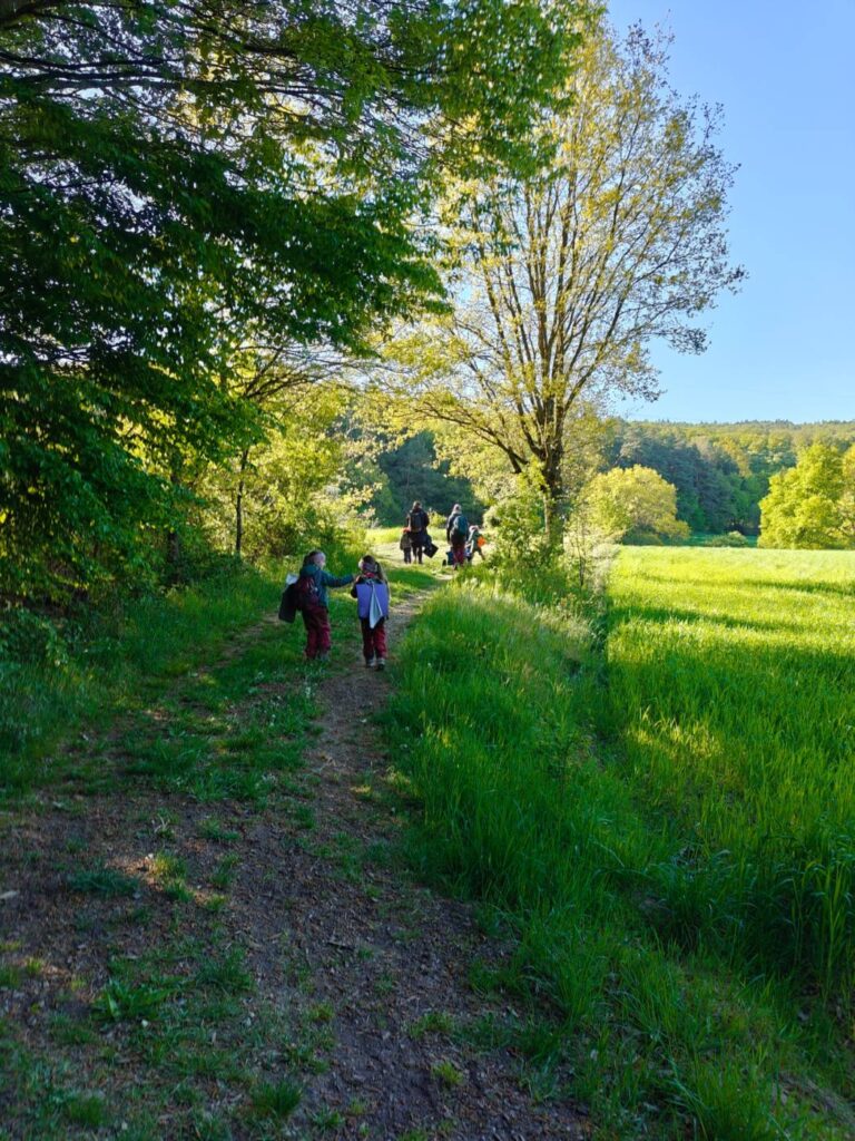 Kinder und Erzieherin auf einem Feldweg am Waldrand